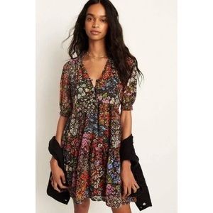 Anthropologie Maeve Melinda Tiered Henley Floral Black Tunic Dress Size Large